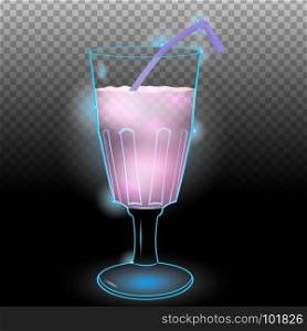 Pink cocktail with straw.Neon cocktail with light glowing isolated on black background. Illustration of alcohol drink with transparency effect.