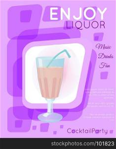 Pink cocktail with straw on purple rectangles.Cocktail illustration on bright contemporary flat background. Design for cocktail menu, bar poster, event invitation. Template for cocktail party.