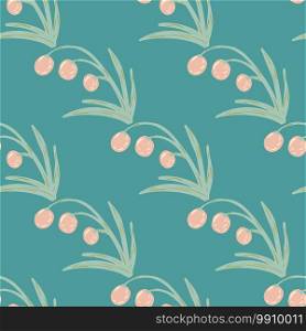 Pink colored forest berries seamless pattern. Doodle stylized botanic silhouettes on turquoise background. Decorative backdrop for fabric design, textile print, wrapping, cover. Vector illustration.. Pink colored forest berries seamless pattern. Doodle stylized botanic silhouettes on turquoise background.