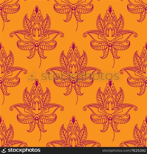 Pink colored Paisley seamless floral pattern in Persian style for wallpaper, tiles and fabric design isolated over orange colored background