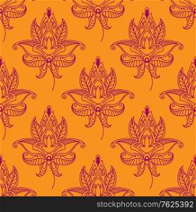 Pink colored Paisley seamless floral pattern in Persian style for wallpaper, tiles and fabric design isolated over orange colored background
