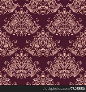 Pink colored Persian seamless floral pattern isolated over purple background suitable for wallpaper, tiles and fabric design in square format. Persian seamless floral pattern