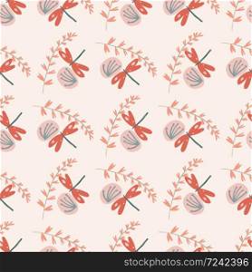 Pink-colored seamless pattern with twigs, blowballs and damseldlyes. Vector illustration. Perfect for wrapping paper, wallpaper, fabric, textile, design projects.. Pink-colored seamless pattern with twigs, blowballs and damseldlyes.