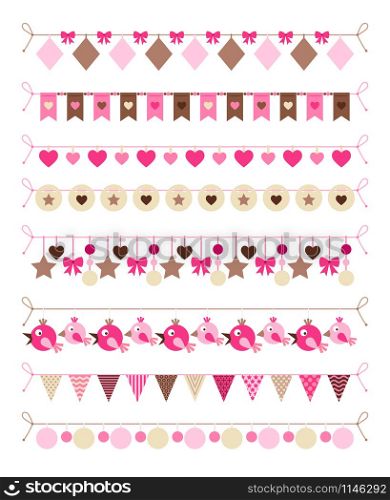 Pink colors bounting flags and hearts and birds decorative elements on white background. Vector illustration. Pink colors bounting flags