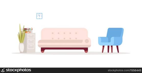Pink couch inside room semi flat RGB color vector illustration. Sofa for psychological consultation. Comfortable interior. House cozy furniture for lounge isolated cartoon object on white background. Pink couch inside room semi flat RGB color vector illustration
