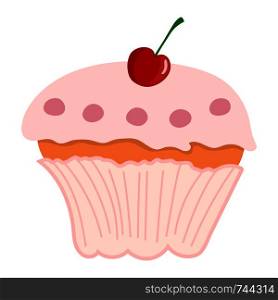 Pink Cupcake with Cherry isolated on white background. Vector Illustration for Your Design.