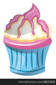 Pink cupcake with white icing and syrup illustration vector on white background
