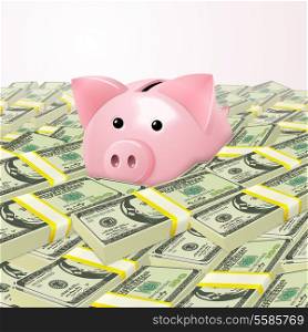 Pink cute piggy bank money safe box in heap of dollar stacks background vector illustration
