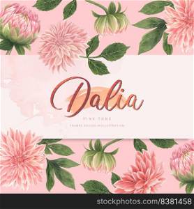 Pink Dalia flowers watercolor frame beautiful, decor wedding card, invitation,  illustration design