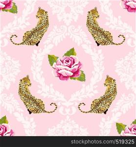 Pink damask seamless pattern with roses and wild leopard animal
