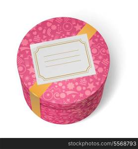 Pink decorated birthday gifts box with yellow ribbon and blank greeting label isolated vector illustration