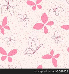 Pink delicate spring background with cute abstract butterflies. Seamless pattern. Vector illustration.