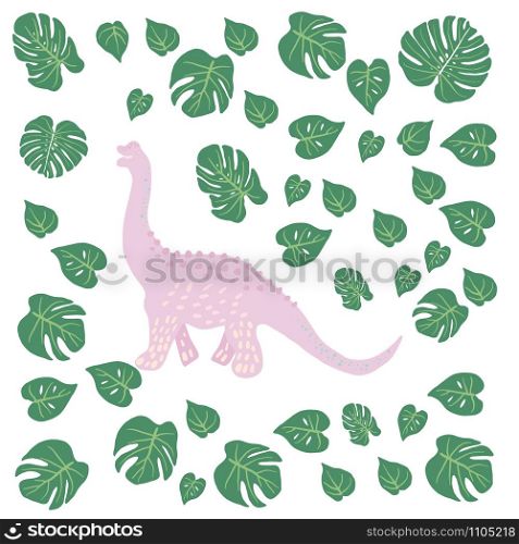 Pink Dinosaur with tropical flowers, monstera leaves on white. Decor design for kids or children event, poster, banner, party invitation. Vector illustration.. Pink Dinosaur with tropical flowers, monstera leaves on white.