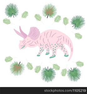 Pink Dinosaur with tropical palm leaves on white. Decor design for kids or children event, poster, banner, party invitation. Vector illustration.. Pink Dinosaur with tropical palm leaves on white.