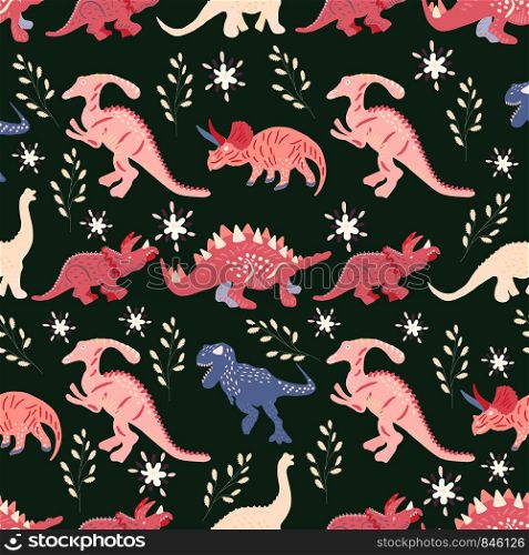 Pink dinosaurs seamless pattern on green background. Cute hand drawn sketch style textile, wrapping paper, background design. . Pink dinosaurs hand drawn seamless pattern on green background