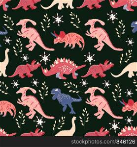 Pink dinosaurs seamless pattern on green background. Cute hand drawn sketch style textile, wrapping paper, background design. . Pink dinosaurs hand drawn seamless pattern on green background