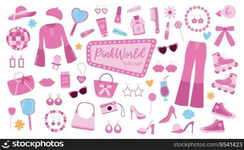 Pink doll girl trendy set with aesthetic accessories, clothing and cosmetics. Cartoon vector illustration.