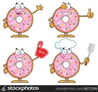 Pink Donut Cartoon Character With Sprinkles 1. Collection Set Isolated On White