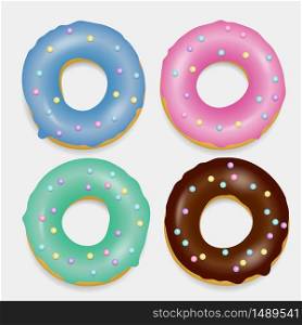Pink Donut set. Hand drawn bakery collection design. Sweet dessert, pastry, donuts for menu design. Advertising, poster, banner of cafe, bakery vector Illustration. Glazed doughnut.. Donut set. Hand drawn bakery design pop art