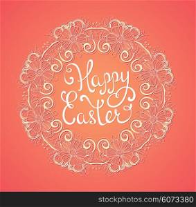 Pink Easter background with greeting inscription in floral frame