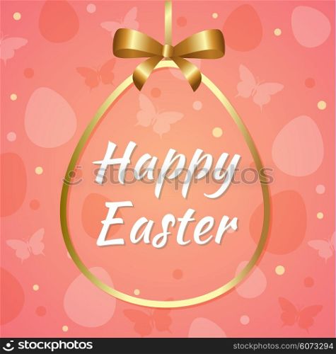 Pink Easter background with greeting inscription in golden frame