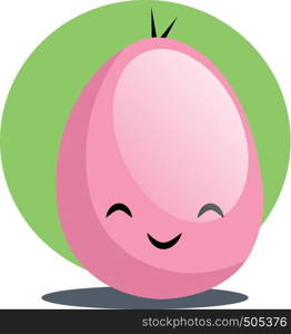 Pink Easter egg smiling in front of a green circle illustration web vector on a white background