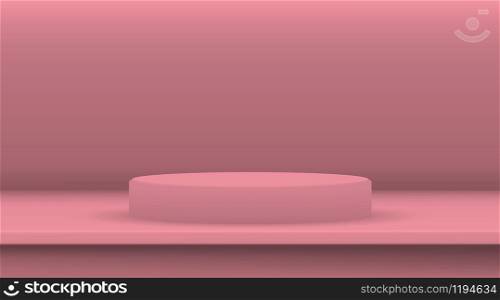 Pink ellipse cylinder vector mockup with shadow in studio. 3d minimalist contest pedestal isolated on a background. Podium platform for the item or award winner. Realistic geometric illustration