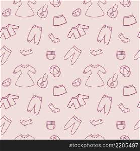 Pink endless pattern with drawings of clothes for girls. Seamless background for sewing clothes, textiles, book covers, Wallpaper in a clothing store. Doodle Dresses, skirts and pants drawn by hand