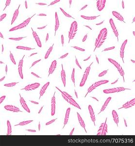 Pink Feathers Seamless Pattern on White Background. Pink Feathers Seamless Pattern