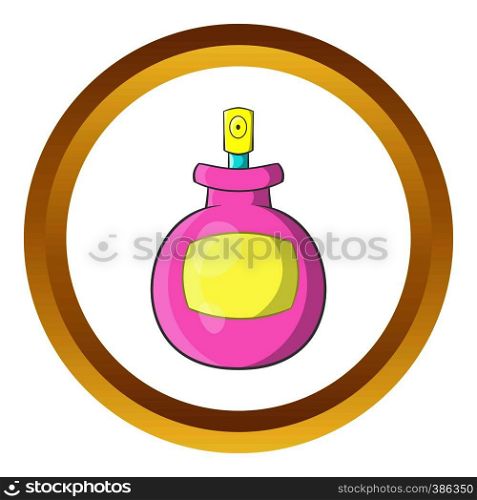 Pink female perfume flacon with sprayer vector icon in golden circle, cartoon style isolated on white background. Pink female perfume flacon vector icon