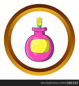 Pink female perfume flacon with sprayer vector icon in golden circle, cartoon style isolated on white background. Pink female perfume flacon vector icon