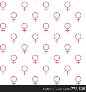 Pink Female sign. Circle with a cross down. Belonging to the female gender. Seamless pattern. Vector Illustration.