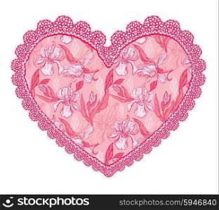 Pink fine lace heart with floral pattern. Design element for wedding or Valentines Day card
