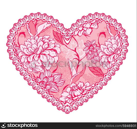 Pink fine lace heart with floral pattern. Design element for wedding or Valentines Day card