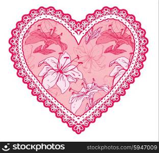 Pink fine lace heart with floral pattern. Design element for wedding or Valentines Day card