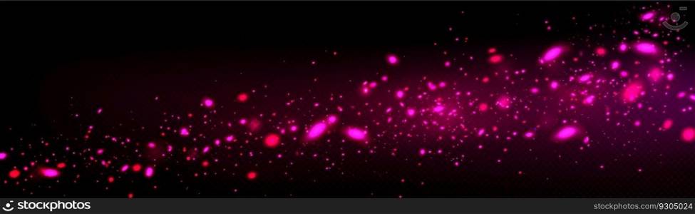 Pink firefly light glow flow. Star particle spell overlay on transparent background with dark space. Isolated fluorescent starlight bokeh vector effect illustration. Mysterious magic glitter sparkle.. Pink firefly light glow flow space background
