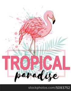 Pink flamingo and green palm leaves on a white background
