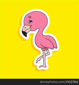 Pink flamingo. Bright color sticker of a cute cartoon character. Flat vector illustration isolated on color background. Design element.