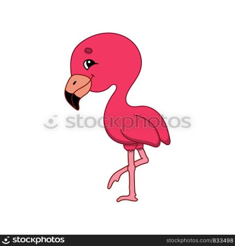Pink flamingo. Cute character. Colorful vector illustration. Cartoon style. Isolated on white background. Design element. Template for your design, books, stickers, cards, posters, clothes.