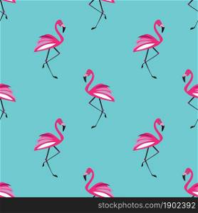 Pink flamingo on blue background seamless pattern. Vector illustration