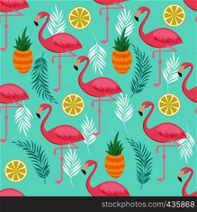 Pink flamingo, pineapples and exotic leaves vector seamless pattern. Exotic summer pattern with bird flamingo illustration. Pink flamingo, pineapples and exotic leaves vector seamless pattern