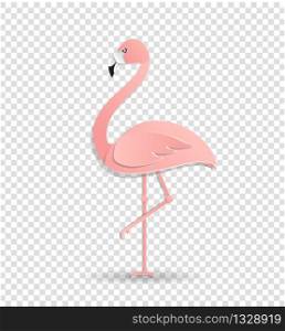 Pink flamingo standing on one leg. paper cut out style