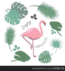 Pink flamingo vector illustration with tropical leaves. Pink flamingo vector flat illustration with tropical leaves. Bright exotic print. Enjoy summer