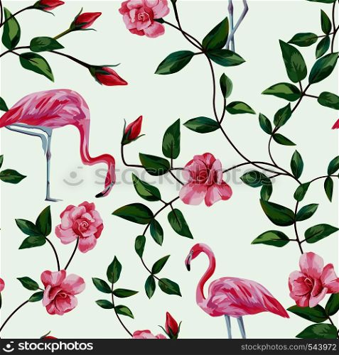 Pink flamingos in the branches of a rose. Seamless wallpaper pattern on white background
