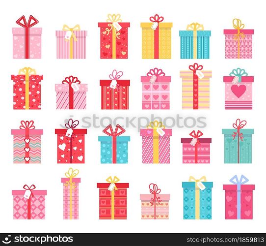 Pink flat gift boxes for Valentines day and wedding presents. Love gift box with ribbon bows and heart patterns. Wrapped present vector set. Bright festive container for lovely holiday