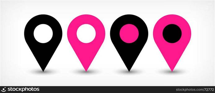 Pink flat map pin sign location icon with shadow. Map pin sign location icon with gray shadow in flat simple style. Four variants in two color black and pink rounded shapes isolated on white background. Vector illustration web design element 8 EPS