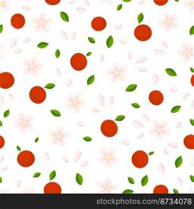 Pink flower and red apples seamless pattern. Apple tree flowers, leaves and falling petals. Romantic cute spring summer fabric print, vector floral nature background. Illustration of red fruit food. Pink flower and red apples seamless pattern. Apple tree flowers, leaves and falling petals. Romantic cute spring summer fabric print, vector floral nature background