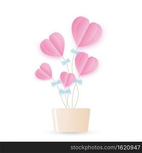 pink flower heart in flower pot isolated on white background, vector EPS 10