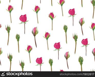 Pink flower in blossom, flourishing roses in rows. Decoration or present for holiday. Spring or summer blooming of botanical plant. Background or elegant print. Seamless pattern, vector in flat style. Rose buds in rows, blooming flower pattern vector