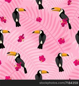 Pink flower on bird toucan pattern. Flat illustration of pink flower on bird toucan vector pattern for web design. Pink flower on bird toucan pattern, flat style